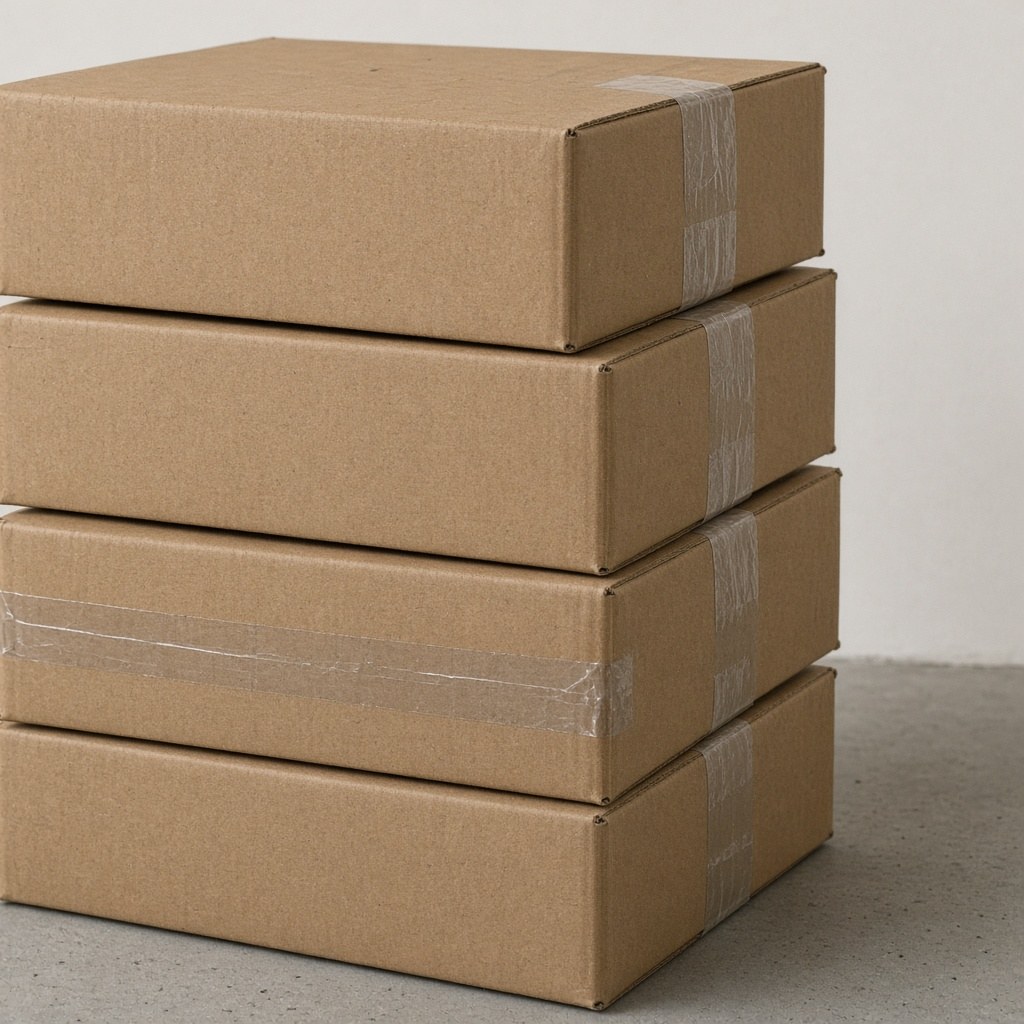 Sealed cardboard moving boxes stacked against a kraft-tape wall