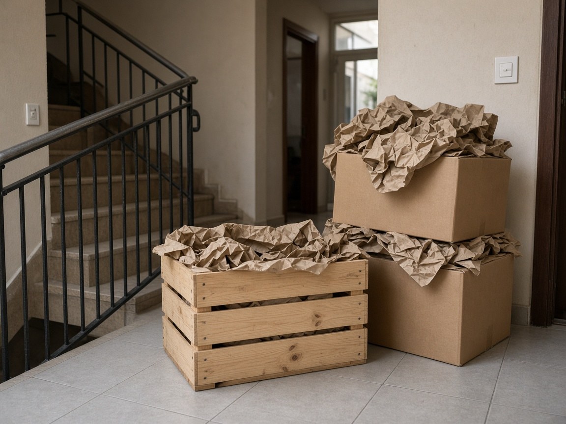 Wooden moving crate with a handwritten lot label on the yard floor