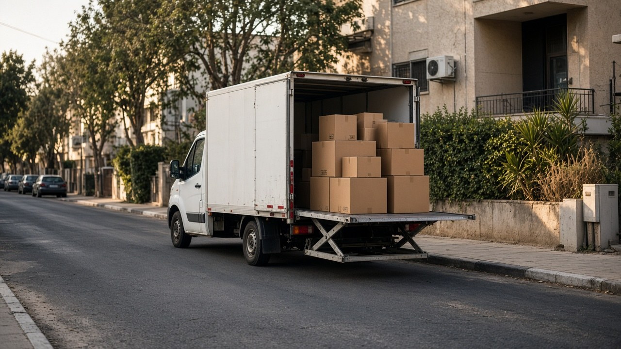 Morning light on the Ashkelon Cart yard with cartons staged by the dock