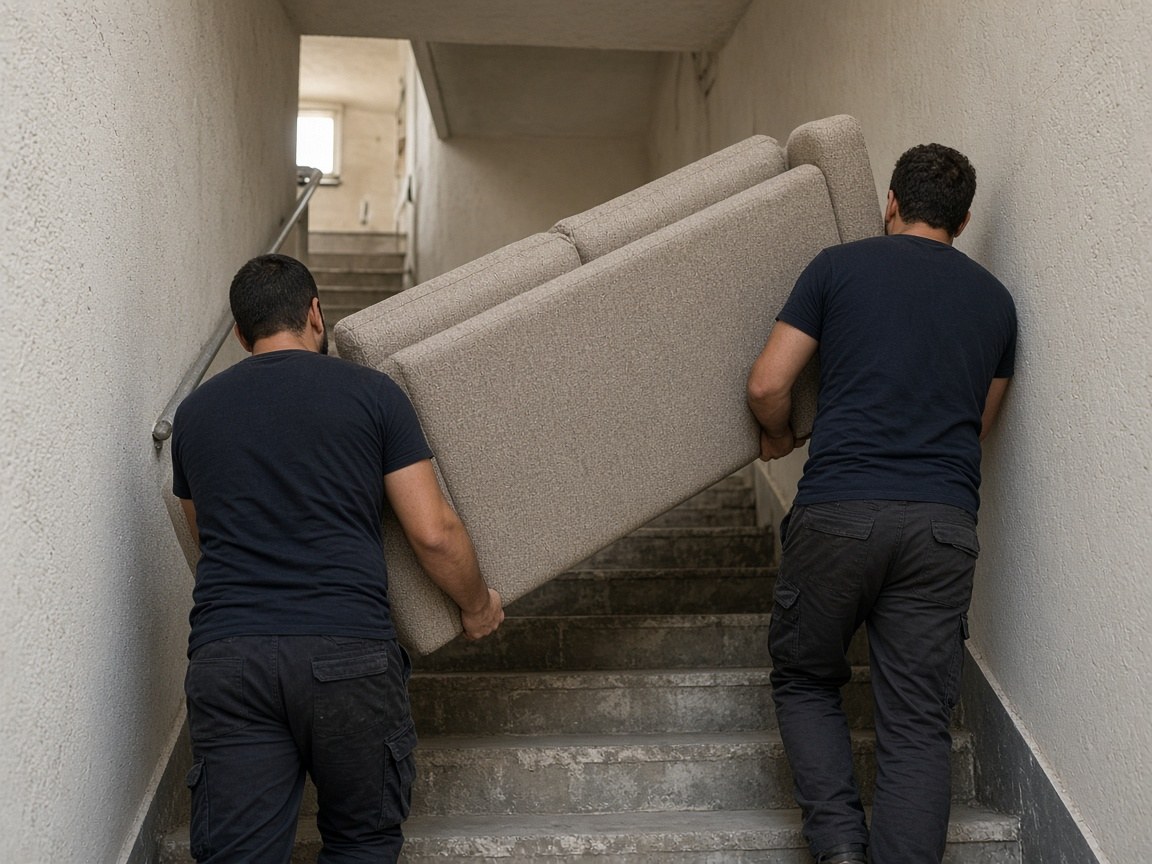 Narrow apartment stairwell with a padded banister and moving blankets on the rail
