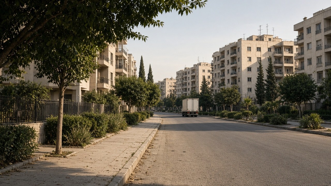 Residential street in Ashkelon with apartment blocks and a parked moving van at the curb